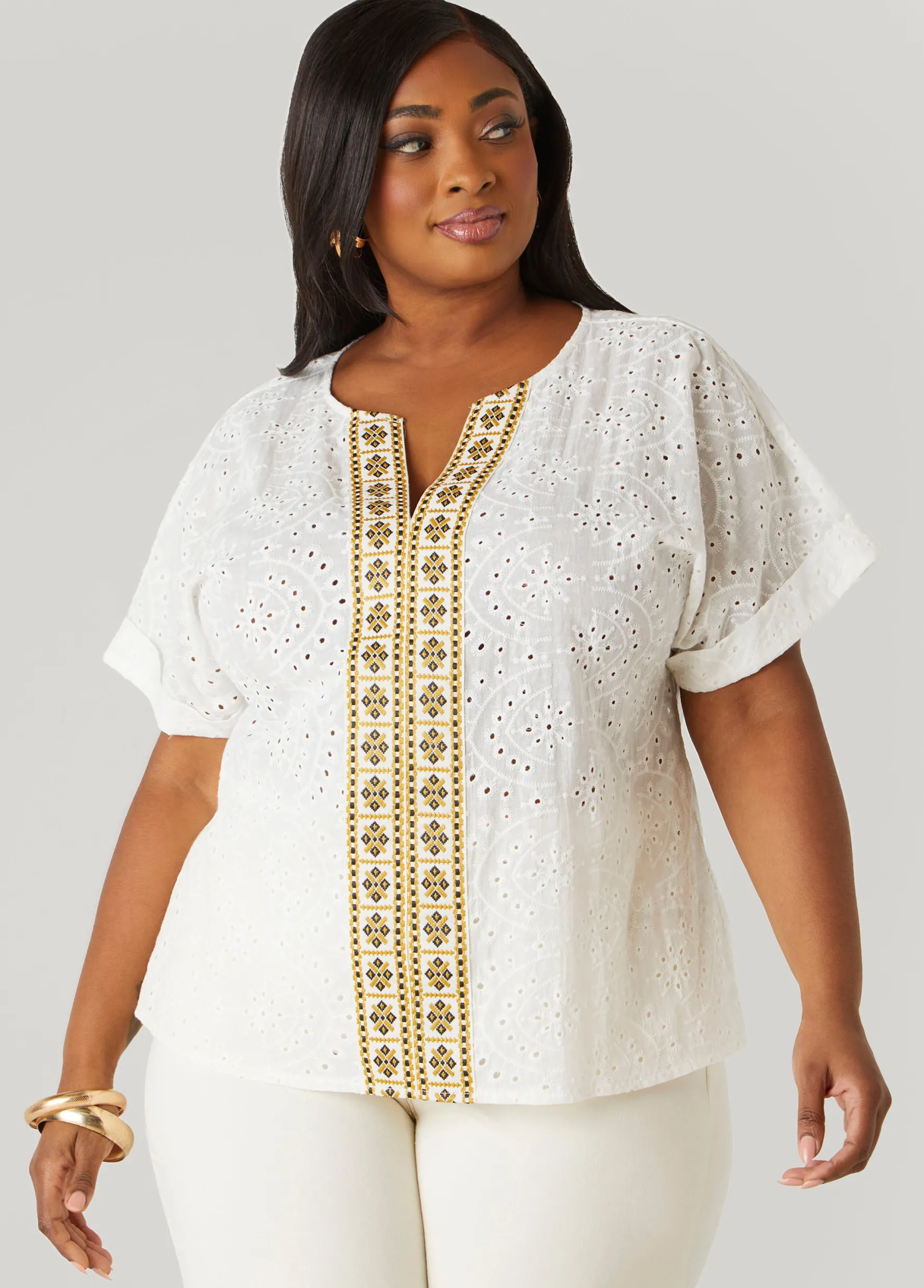 Fashion Ashley Stewart Embroidered Eyelet Top White