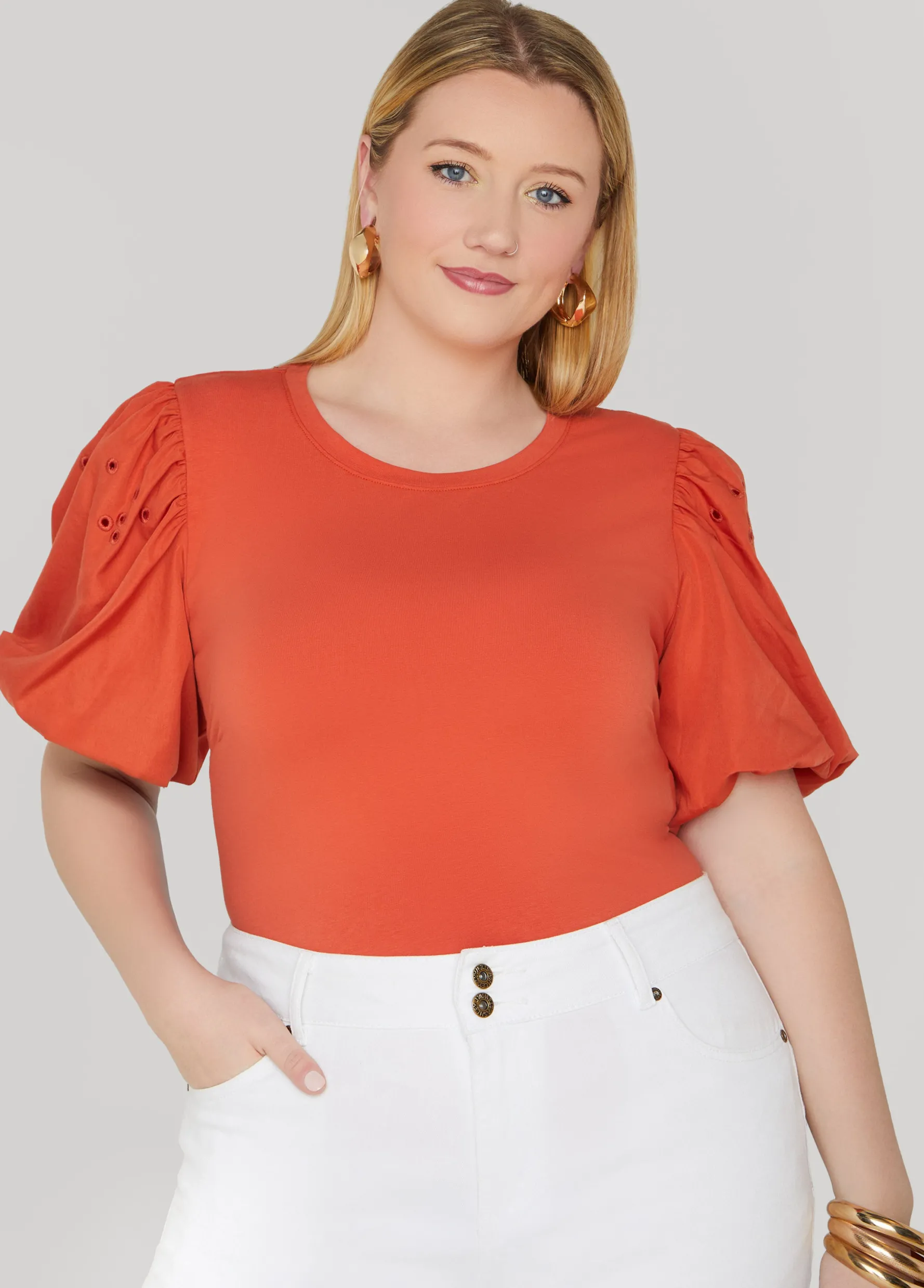 Clearance Ashley Stewart Embroidered Puff Sleeved Tee Mecca Orange