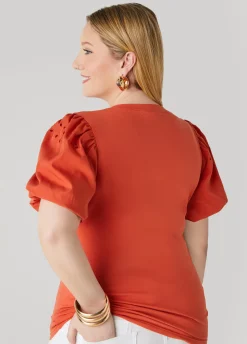 Clearance Ashley Stewart Embroidered Puff Sleeved Tee Mecca Orange