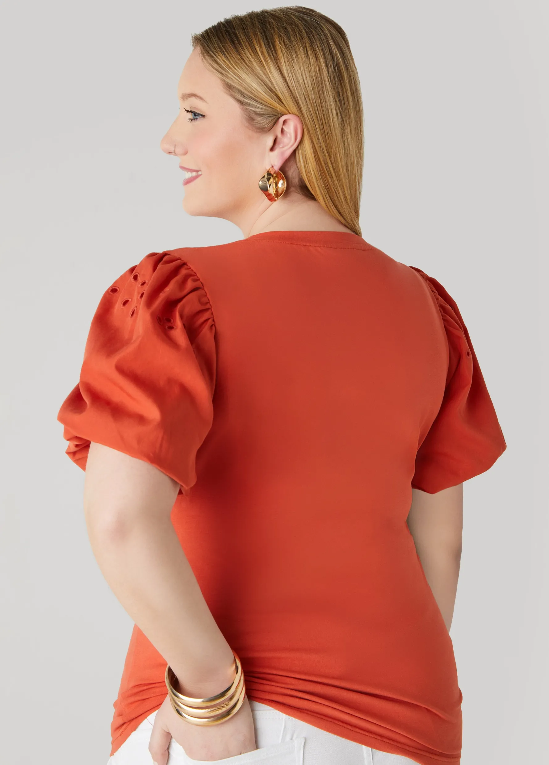 Clearance Ashley Stewart Embroidered Puff Sleeved Tee Mecca Orange