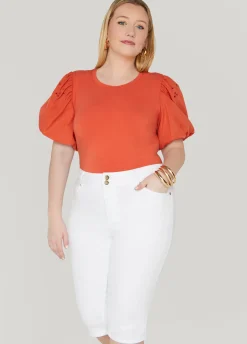 Clearance Ashley Stewart Embroidered Puff Sleeved Tee Mecca Orange