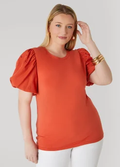 Clearance Ashley Stewart Embroidered Puff Sleeved Tee Mecca Orange