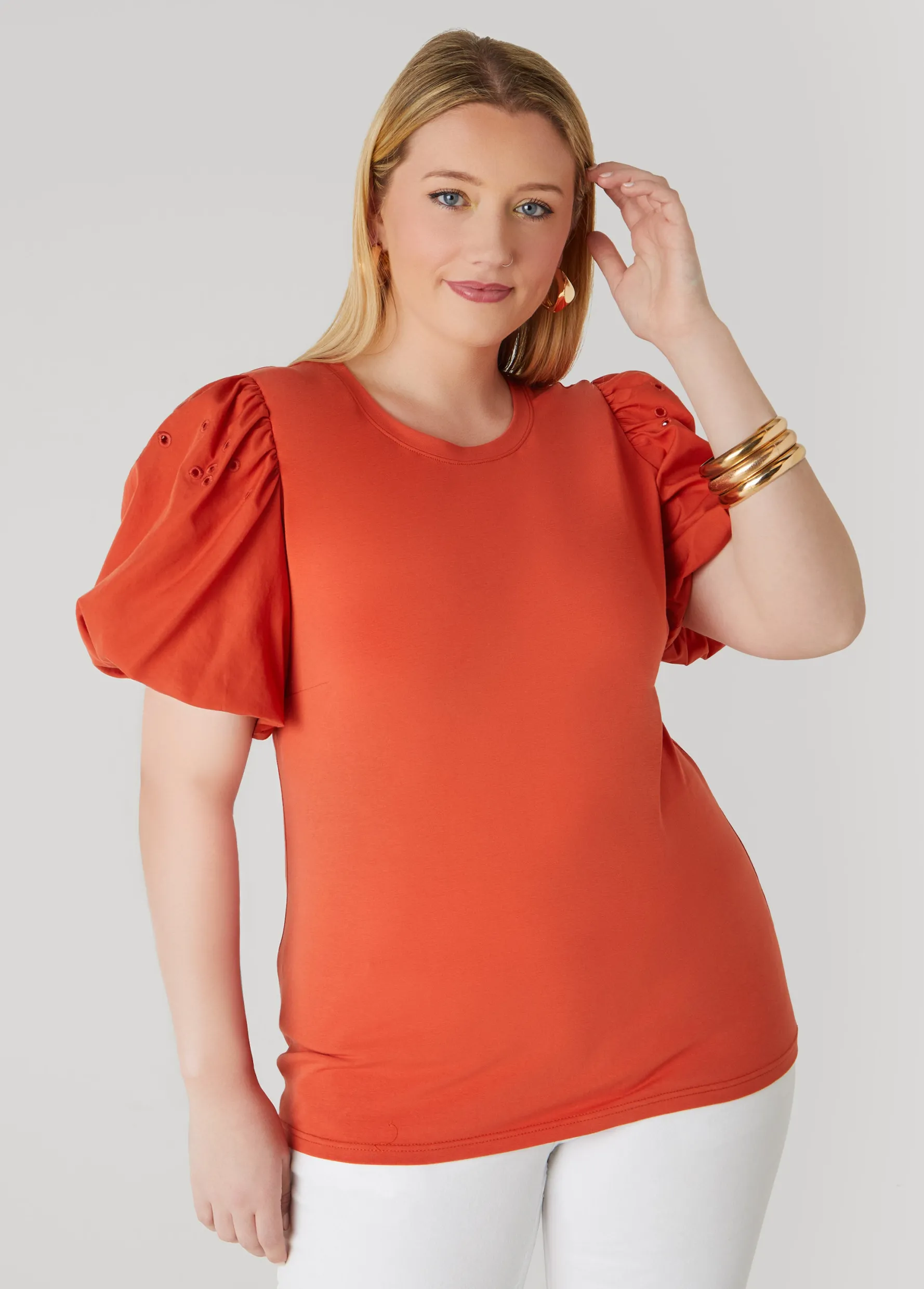 Clearance Ashley Stewart Embroidered Puff Sleeved Tee Mecca Orange
