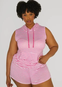 Discount Ashley Stewart Emme Jordan Striped Shorts Set Pink