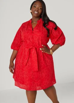 Clearance Ashley Stewart Eyelet Cotton Puff Sleeved Dress
