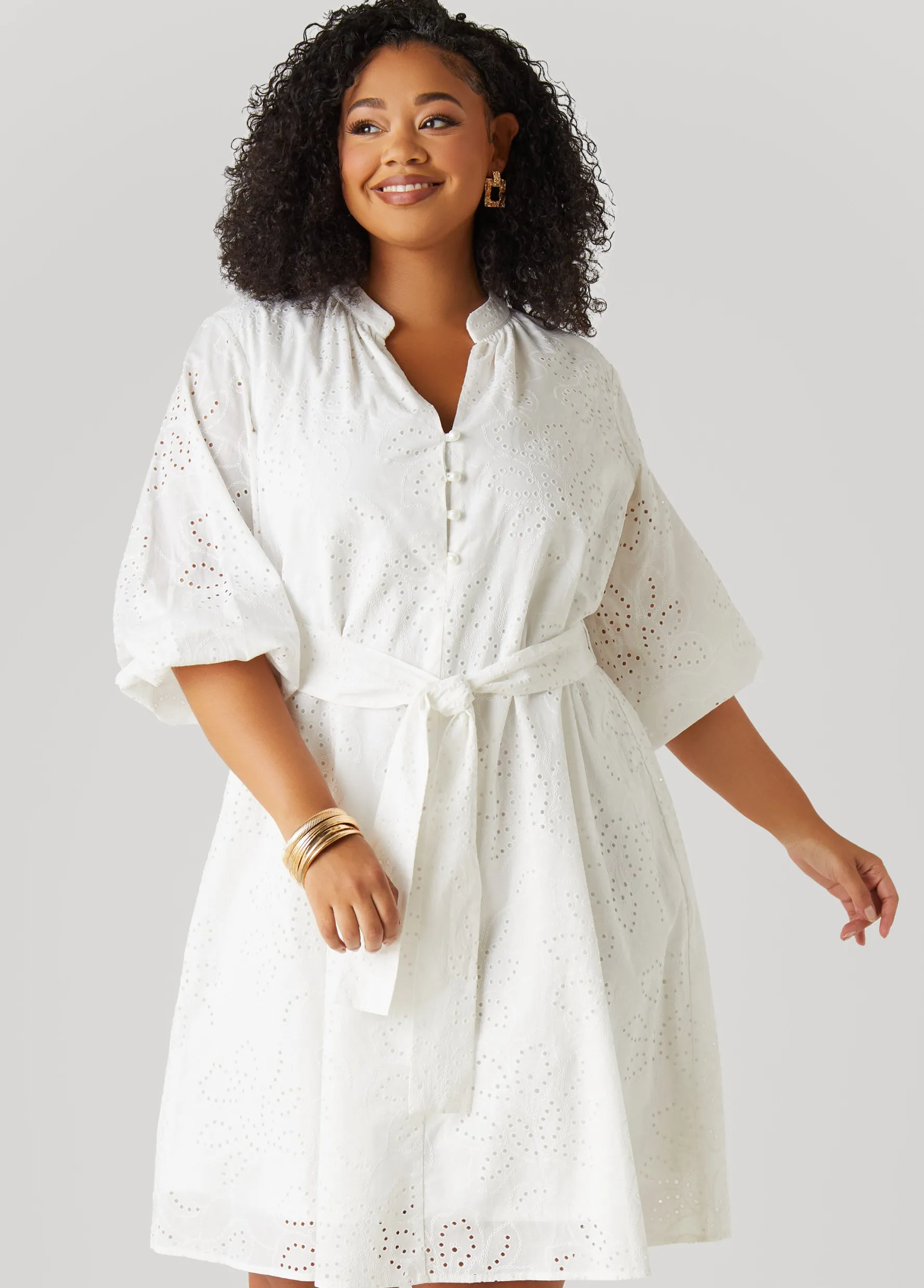 Clearance Ashley Stewart Eyelet Cotton Puff Sleeved Dress