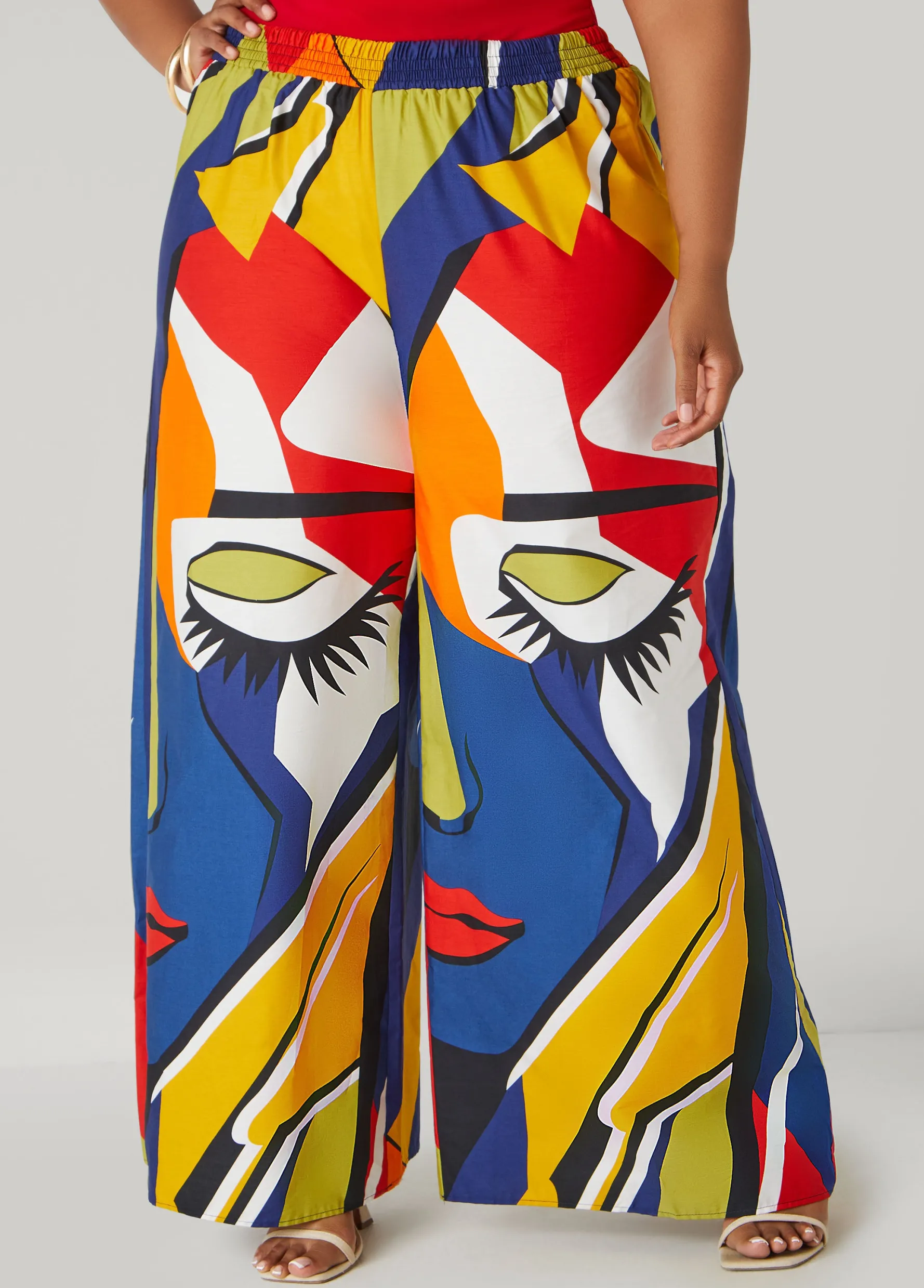 New Ashley Stewart Face Print Wide Leg Pants Multi