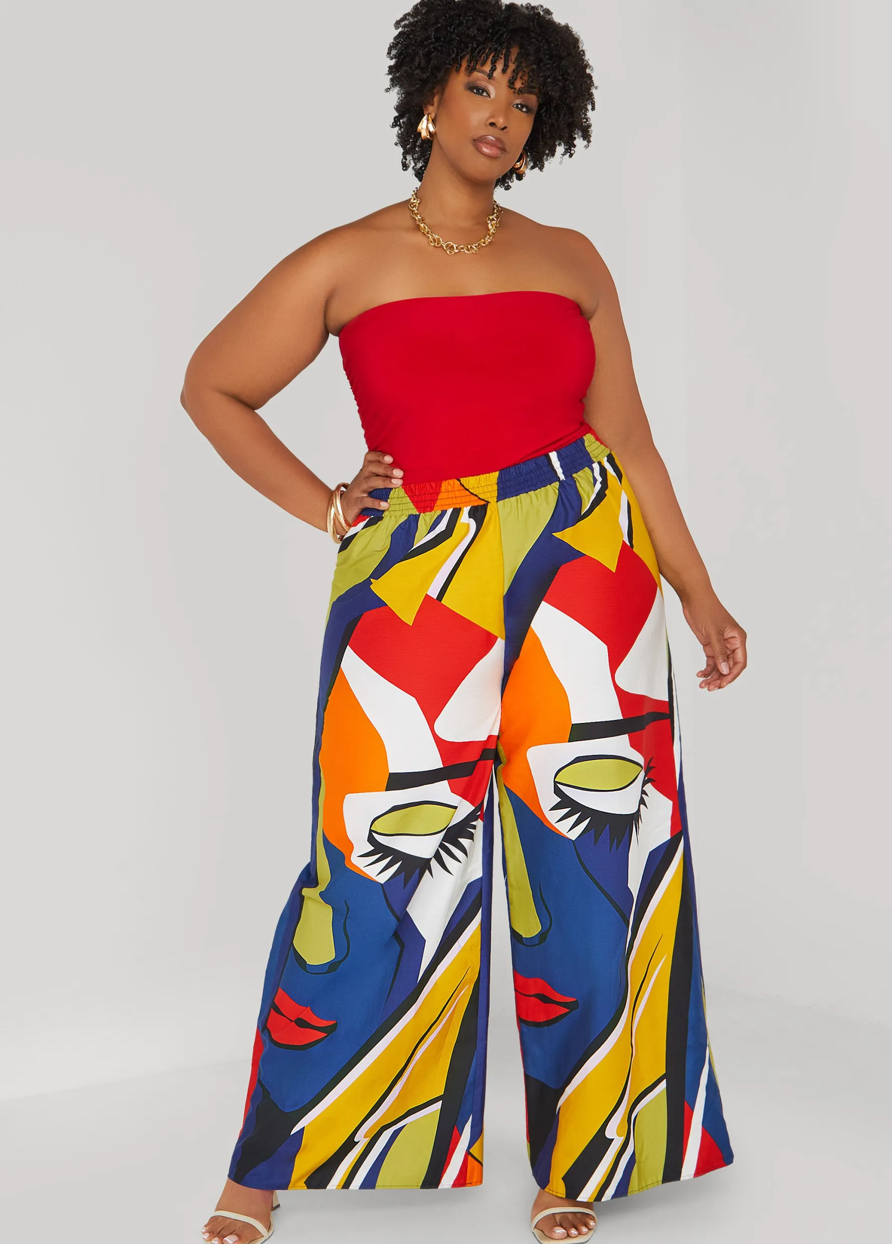 New Ashley Stewart Face Print Wide Leg Pants Multi