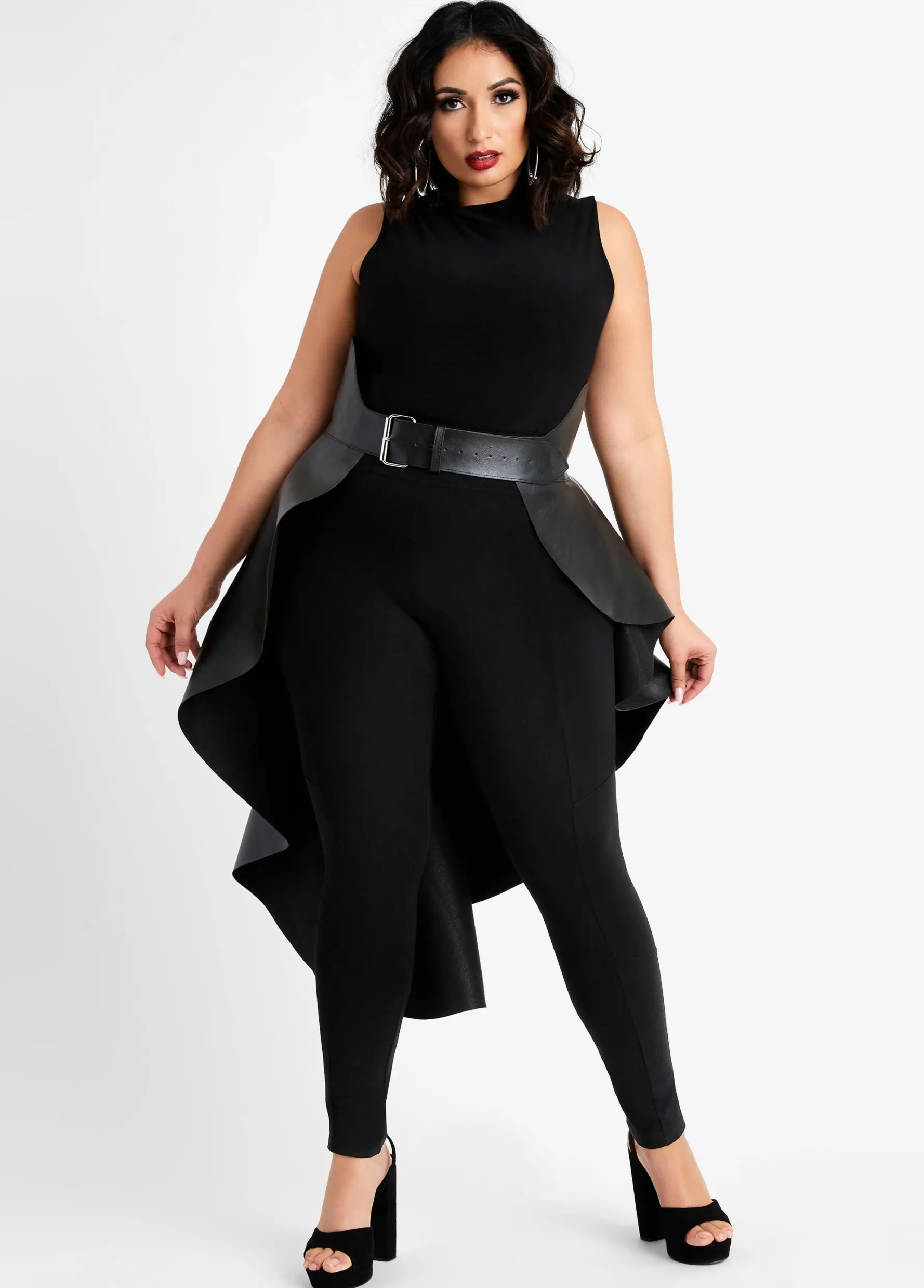 Discount Ashley Stewart Faux Leather Asymmetric Skirt Belt Black