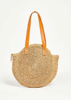 Fashion Ashley Stewart Faux Leather Trimmed Straw Bag Natural
