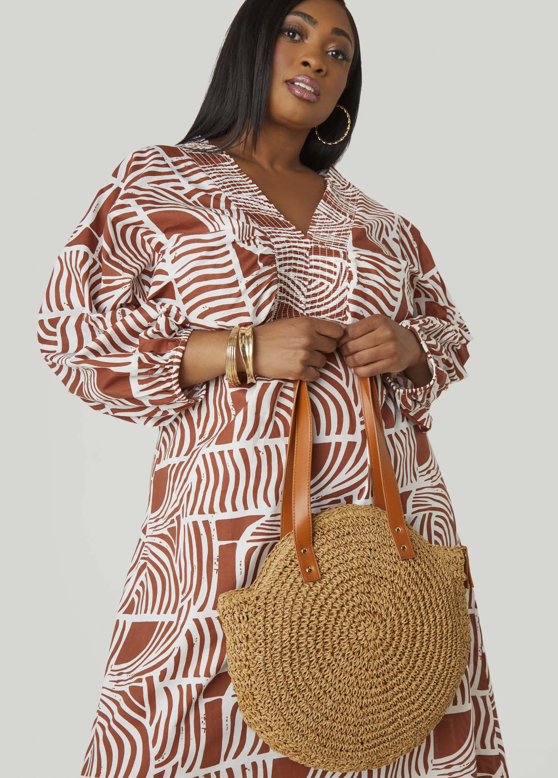 Fashion Ashley Stewart Faux Leather Trimmed Straw Bag Natural