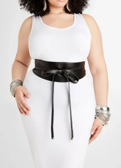 New Ashley Stewart Faux Leather Wrap Around Belt Black