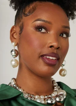 Discount Ashley Stewart Faux Pearl And Bead Earrings Silver