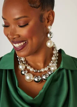 Clearance Ashley Stewart Faux Pearl And Bead Necklace Silver