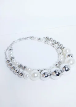 Clearance Ashley Stewart Faux Pearl And Bead Necklace Silver