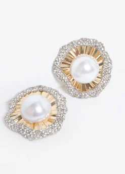 Hot Ashley Stewart Faux Pearl And Crystal Earrings Gold