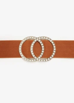 Clearance Ashley Stewart Faux Pearl Circle Stretch Belt Caramel Cafe