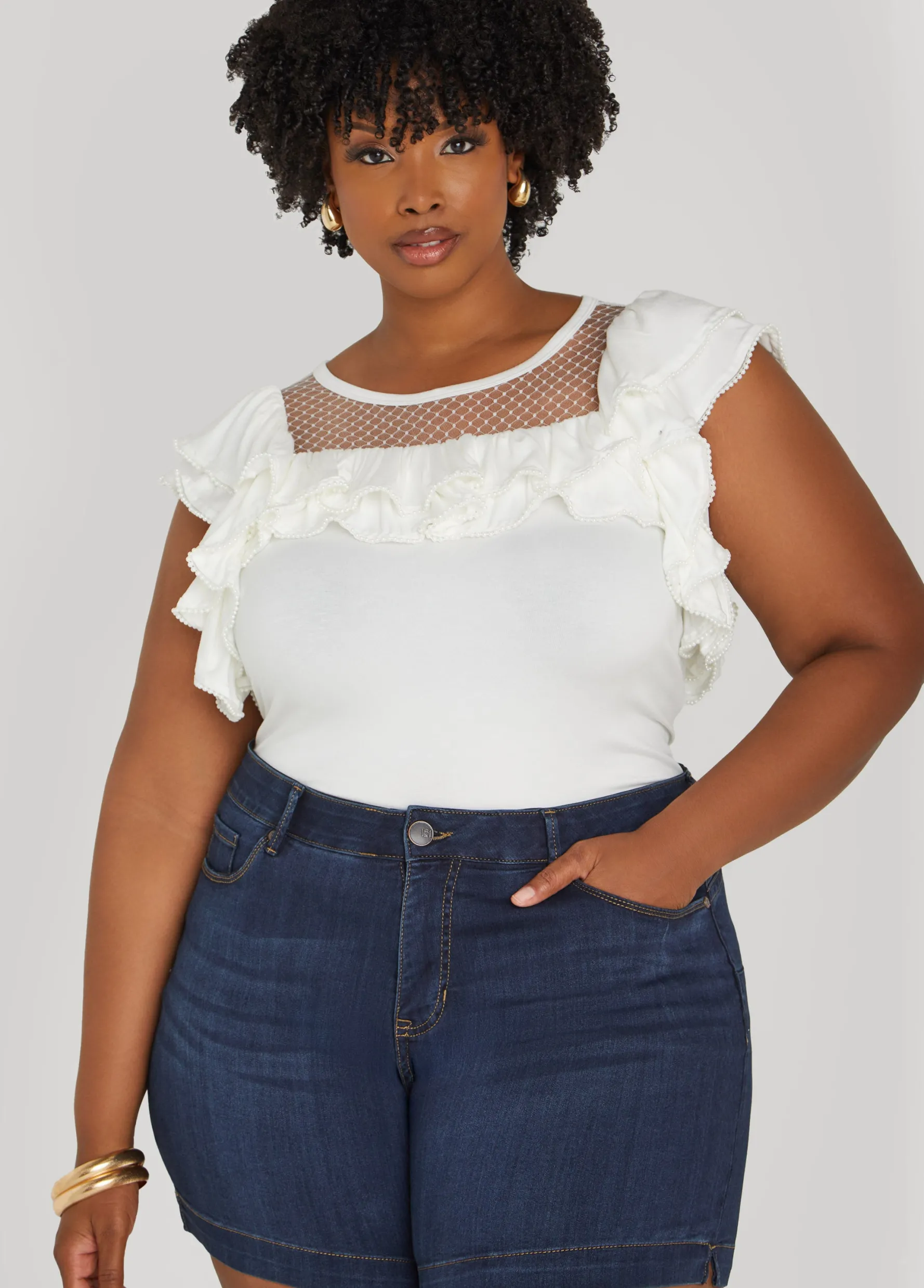 Discount Ashley Stewart Faux Pearl Mesh Paneled Top White