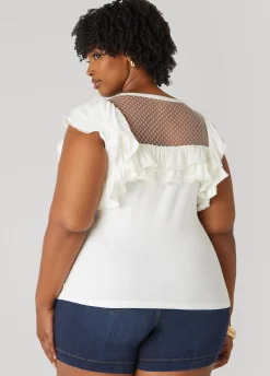 Discount Ashley Stewart Faux Pearl Mesh Paneled Top White