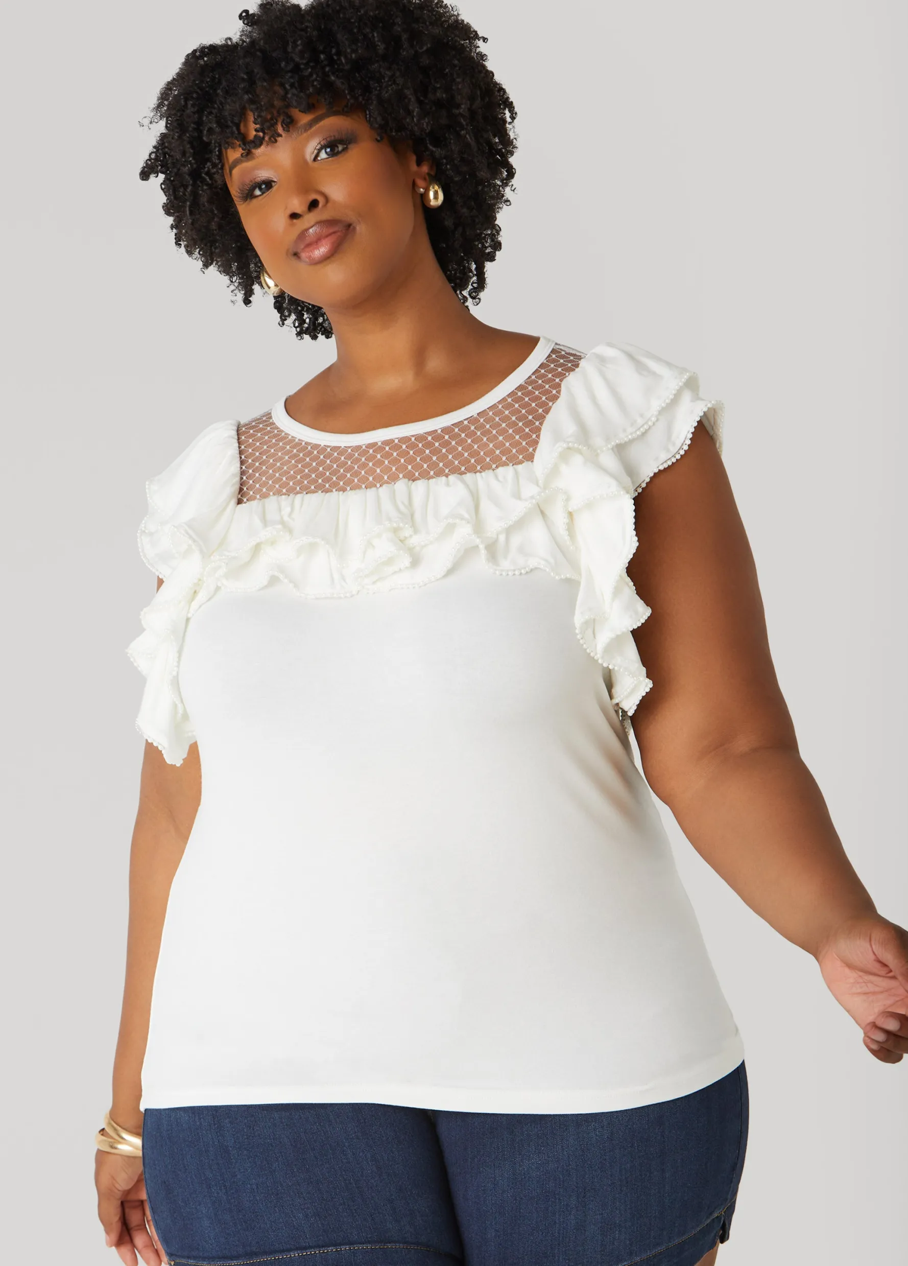 Discount Ashley Stewart Faux Pearl Mesh Paneled Top White