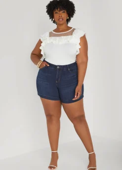 Discount Ashley Stewart Faux Pearl Mesh Paneled Top White