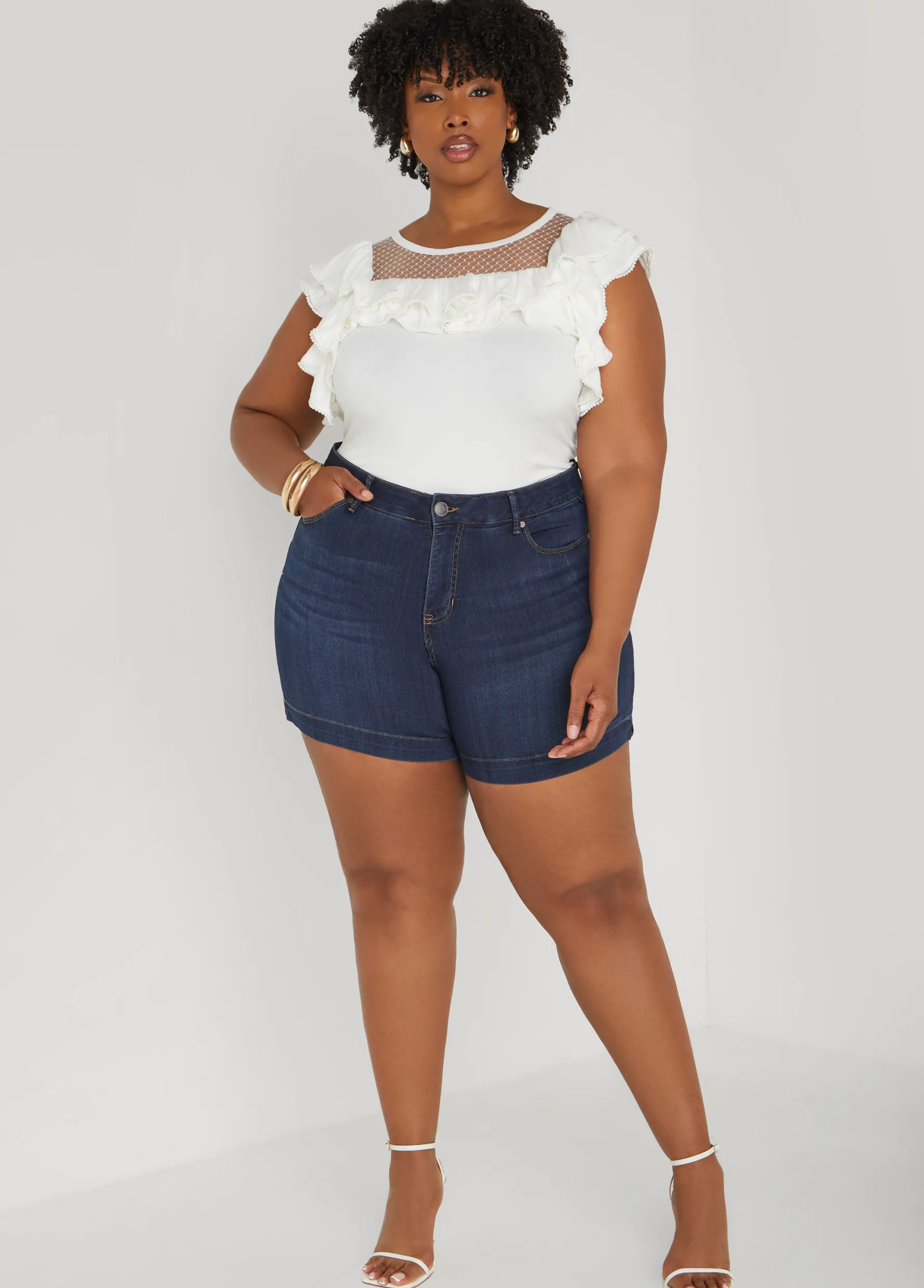 Discount Ashley Stewart Faux Pearl Mesh Paneled Top White