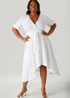 New Ashley Stewart Faux Wrap Hi Low Dress White