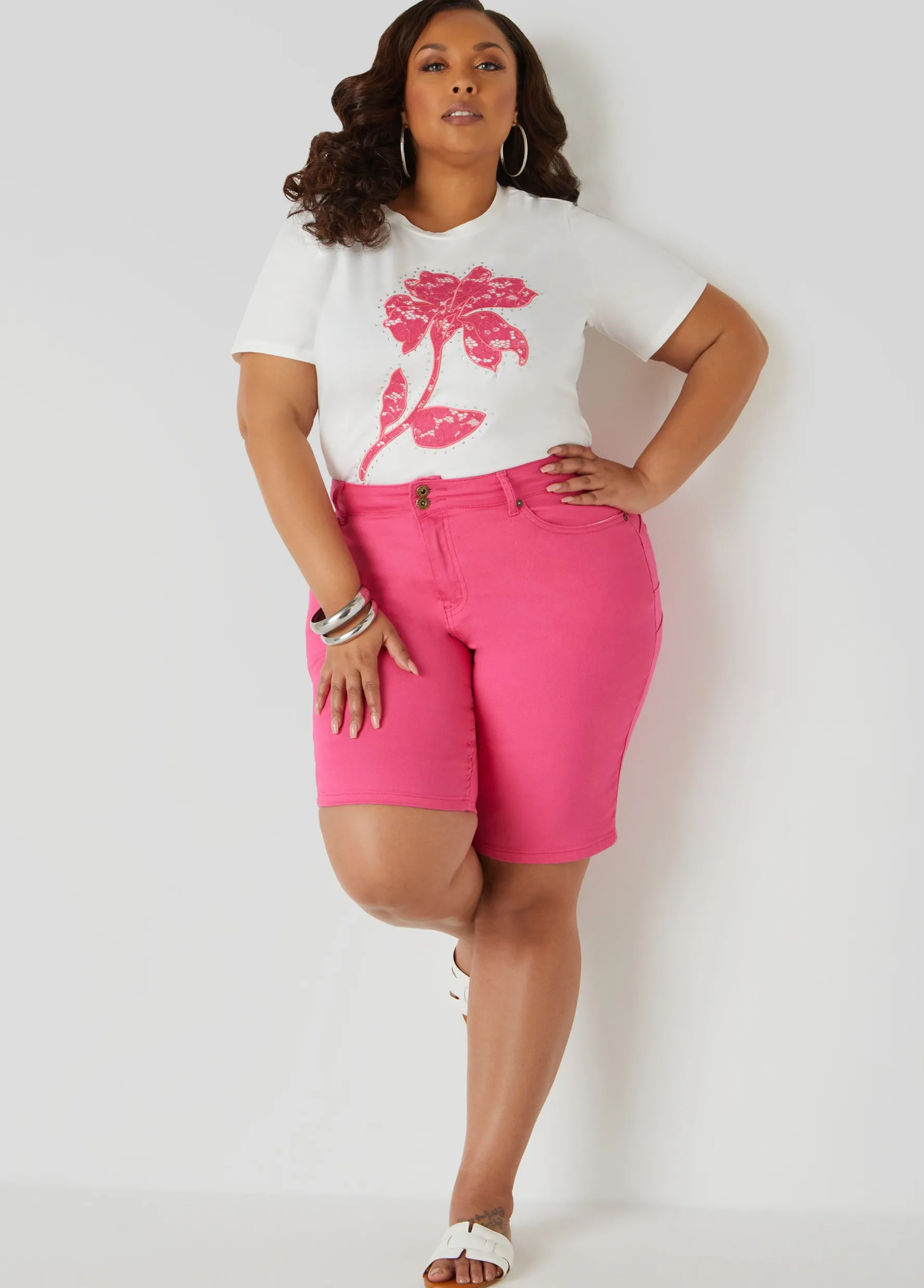 Online Ashley Stewart Fearless Mid Rise Denim Shorts Fandango Pink