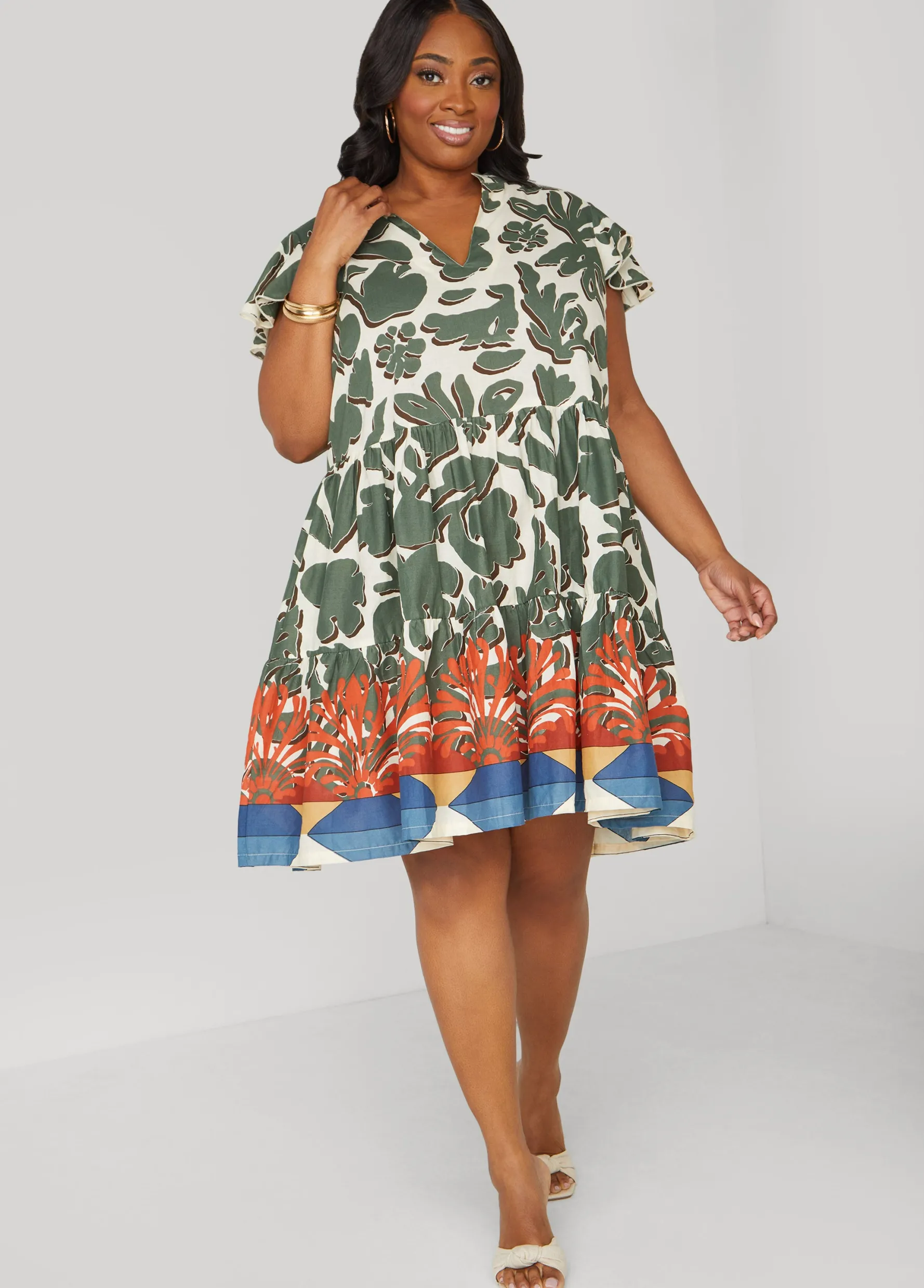 Clearance Ashley Stewart Floral Cotton Babydoll Dress