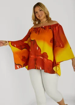 Online Ashley Stewart Floral Off The Shoulder Blouse Peach Caramel