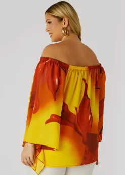 Online Ashley Stewart Floral Off The Shoulder Blouse Peach Caramel