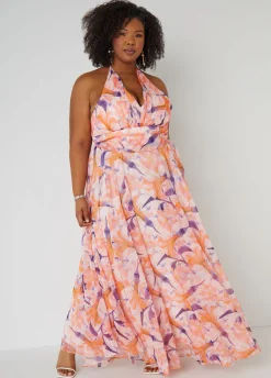 New Ashley Stewart Floral Organza Halter Gown Pink