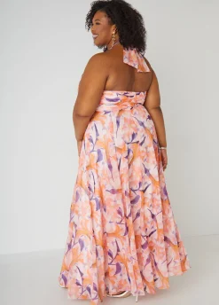 New Ashley Stewart Floral Organza Halter Gown Pink