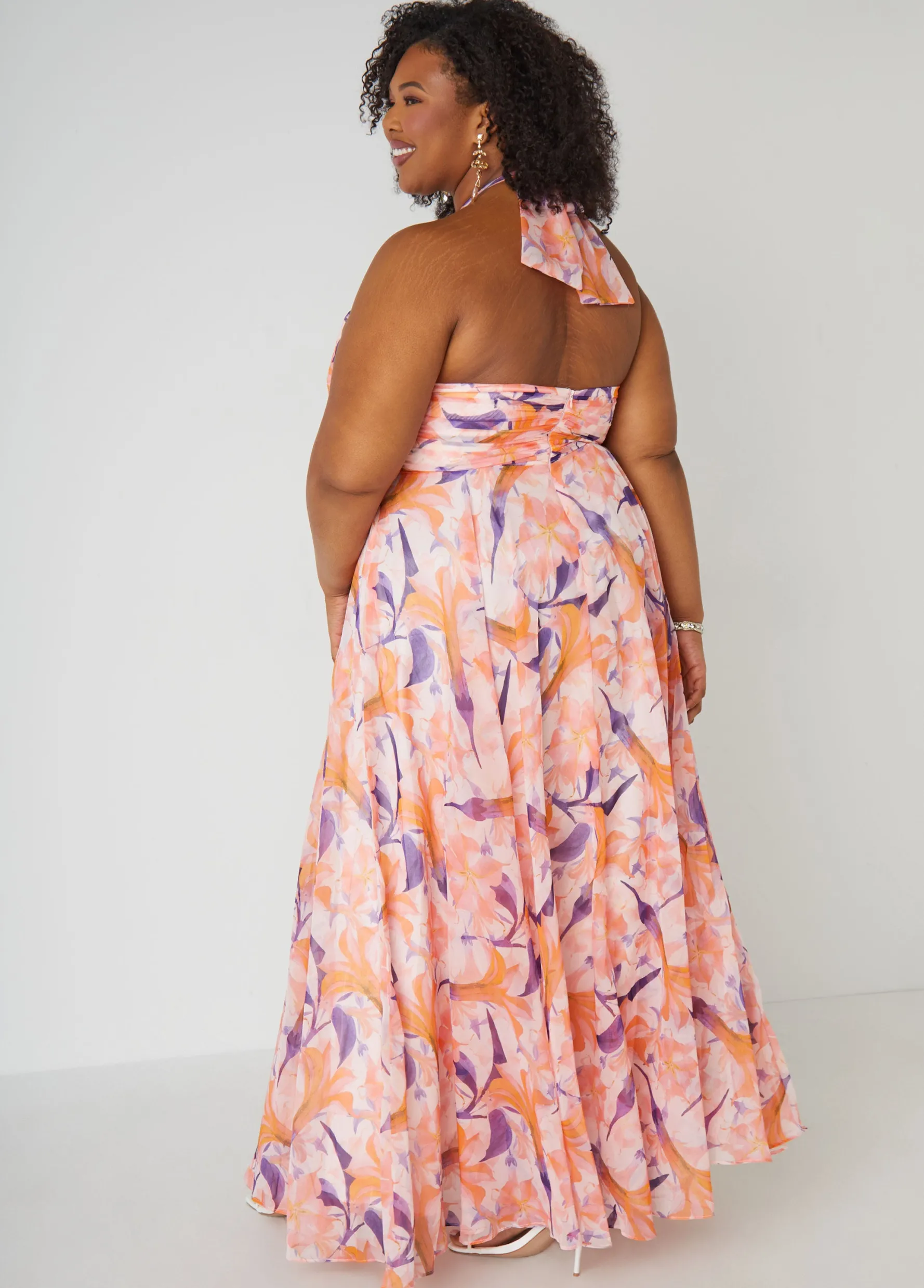 New Ashley Stewart Floral Organza Halter Gown Pink