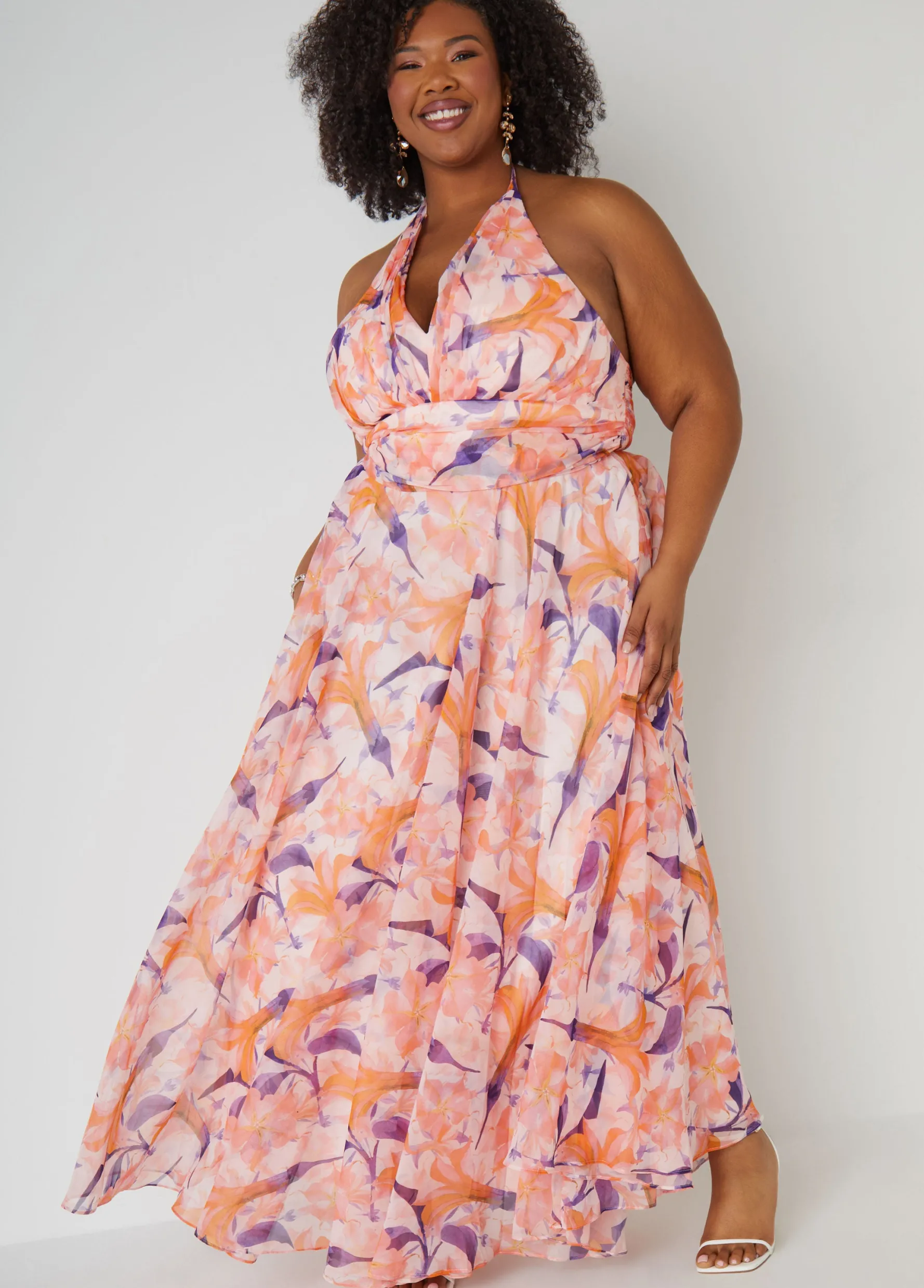 New Ashley Stewart Floral Organza Halter Gown Pink