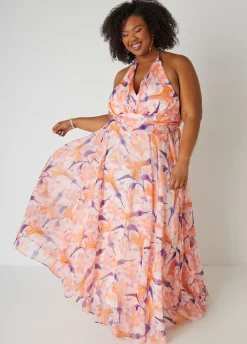 New Ashley Stewart Floral Organza Halter Gown Pink