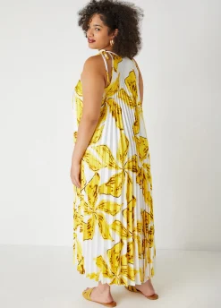 Clearance Ashley Stewart Floral Pleated Maxi Dress Cyber Yellow