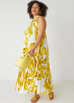 Clearance Ashley Stewart Floral Pleated Maxi Dress Cyber Yellow