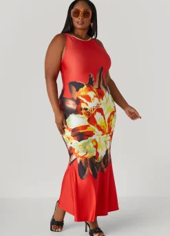 Sale Ashley Stewart Floral Print Bodycon Maxi Dress Aura Orange