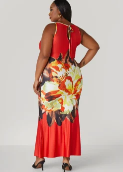 Sale Ashley Stewart Floral Print Bodycon Maxi Dress Aura Orange