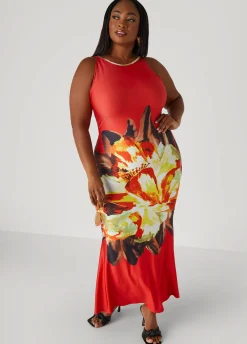 Sale Ashley Stewart Floral Print Bodycon Maxi Dress Aura Orange
