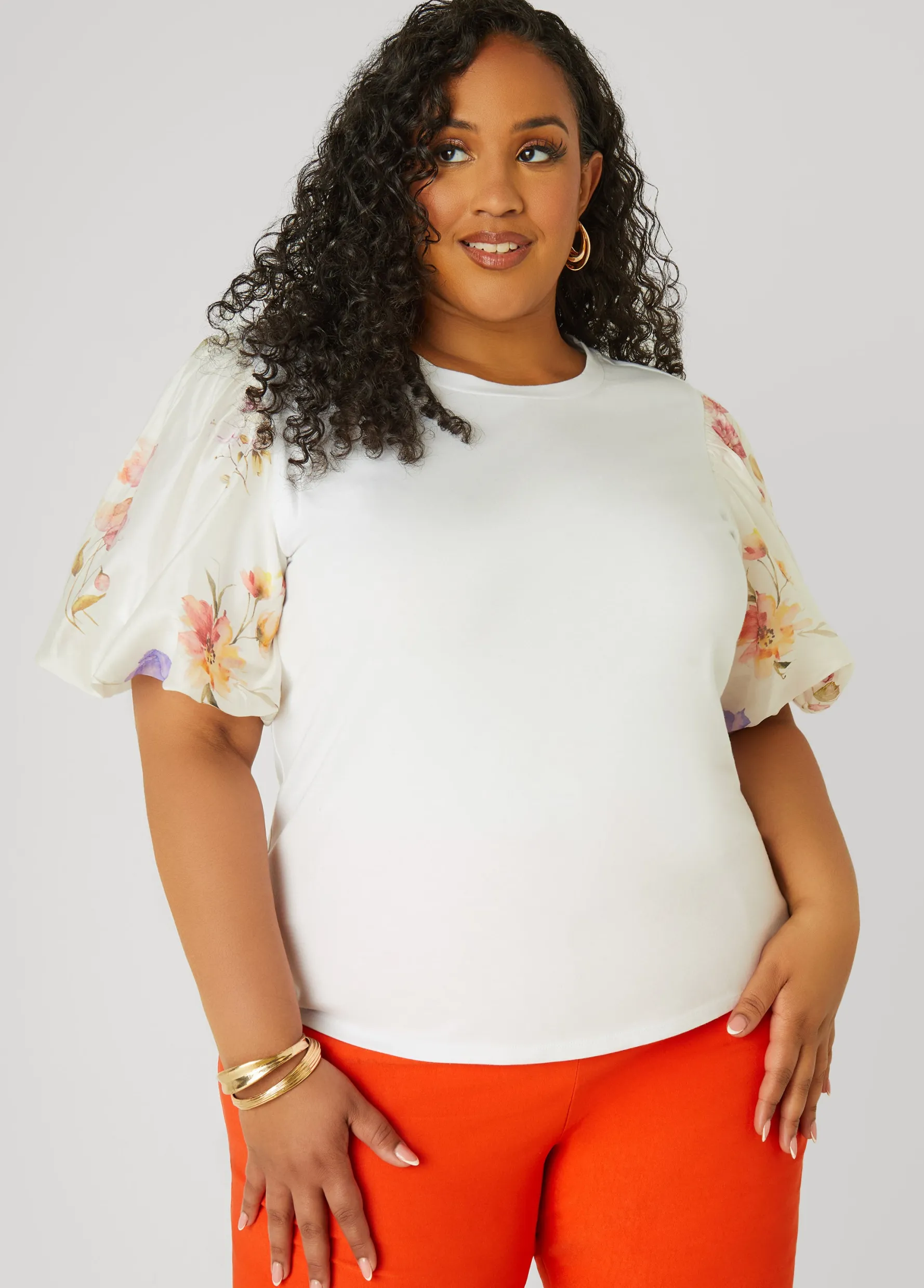 New Ashley Stewart Floral Print Paneled Jersey Top White