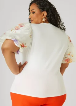New Ashley Stewart Floral Print Paneled Jersey Top White