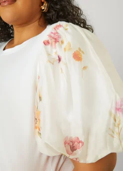 New Ashley Stewart Floral Print Paneled Jersey Top White