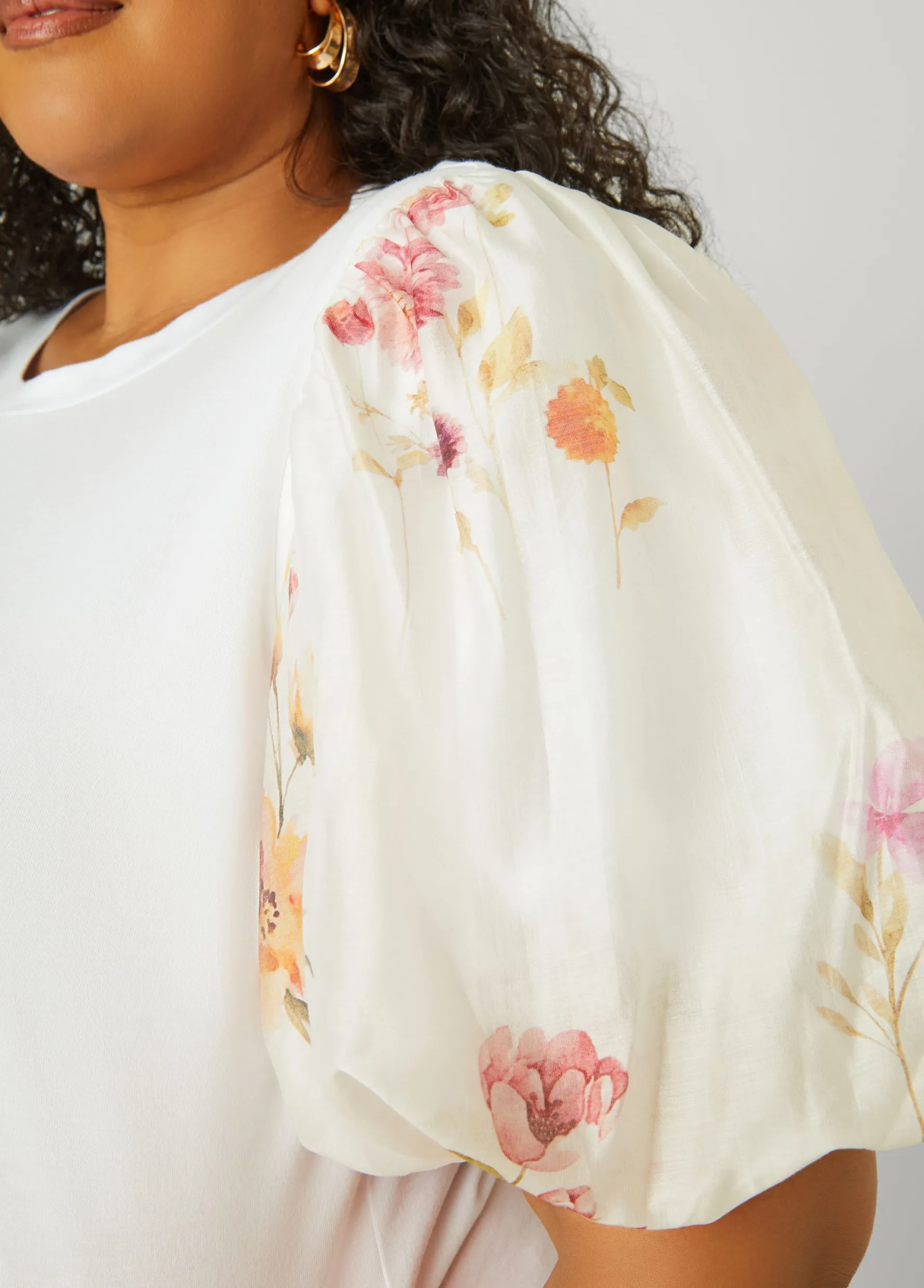 New Ashley Stewart Floral Print Paneled Jersey Top White
