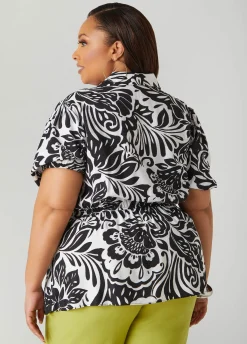 New Ashley Stewart Floral Print Peplum Blouse Black White