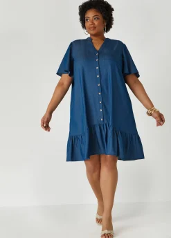 Clearance Ashley Stewart Flounced Chambray Shirtdress Denim Blue