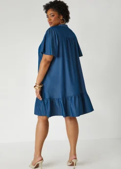 Clearance Ashley Stewart Flounced Chambray Shirtdress Denim Blue