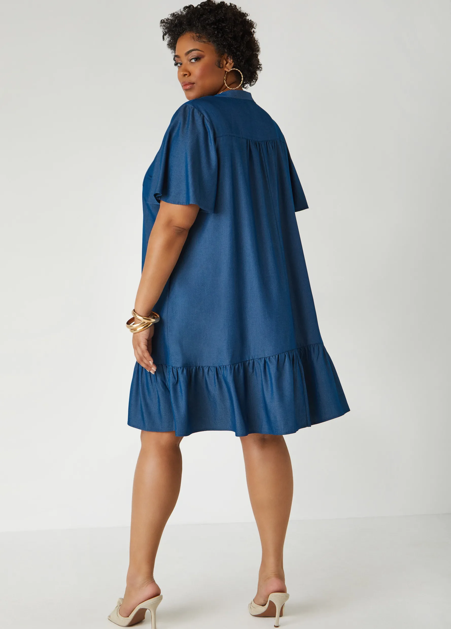 Clearance Ashley Stewart Flounced Chambray Shirtdress Denim Blue