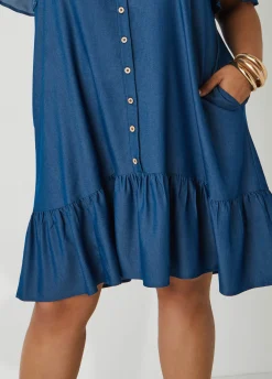 Clearance Ashley Stewart Flounced Chambray Shirtdress Denim Blue